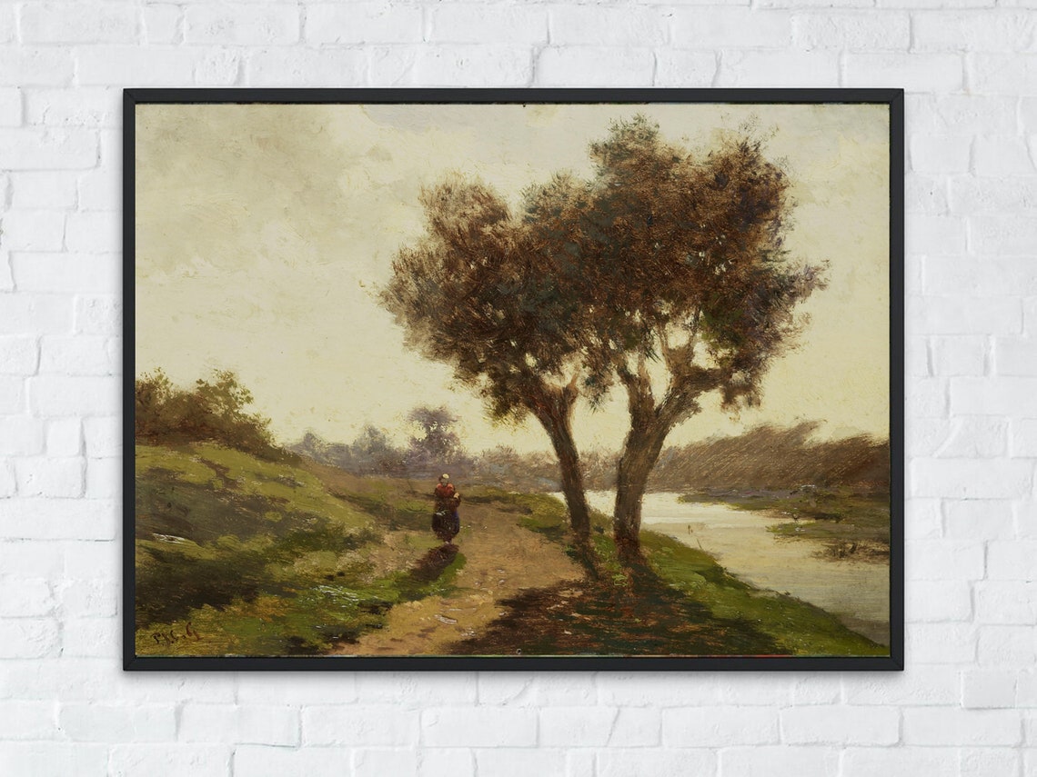 Riverside Path Twin Trees Lone Walker Quiet Barbizon Style Poster