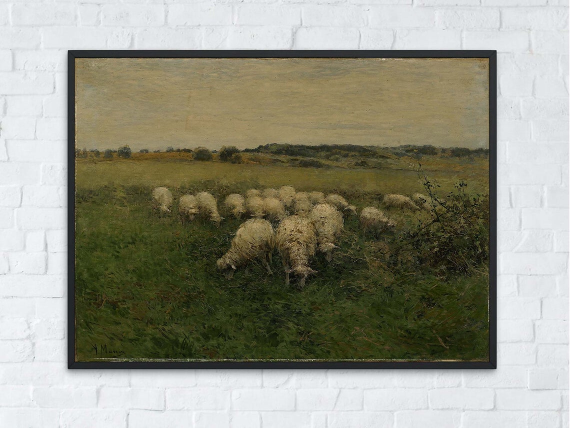 Sheep Flock Grazing Meadow Vintage Countryside Animal Painting Poster - Image 3