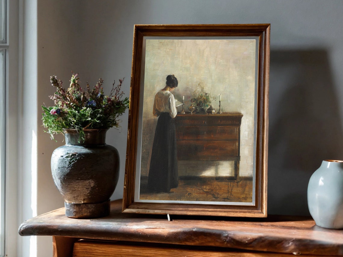 Woman Reading by Candlelight Vintage Interior Moody Art Poster - Image 3