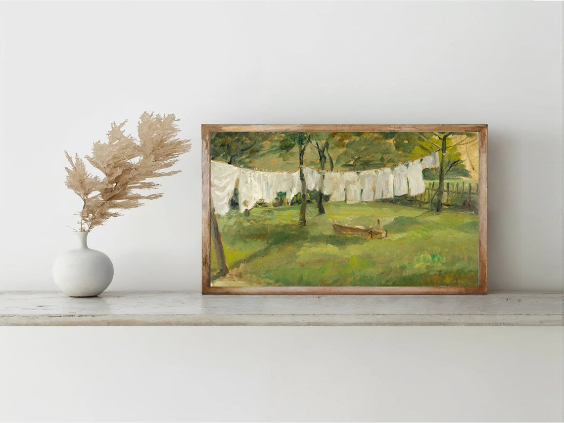 Sunlit Garden Laundry Lines Impressionist Orchard Scene Poster - Image 2