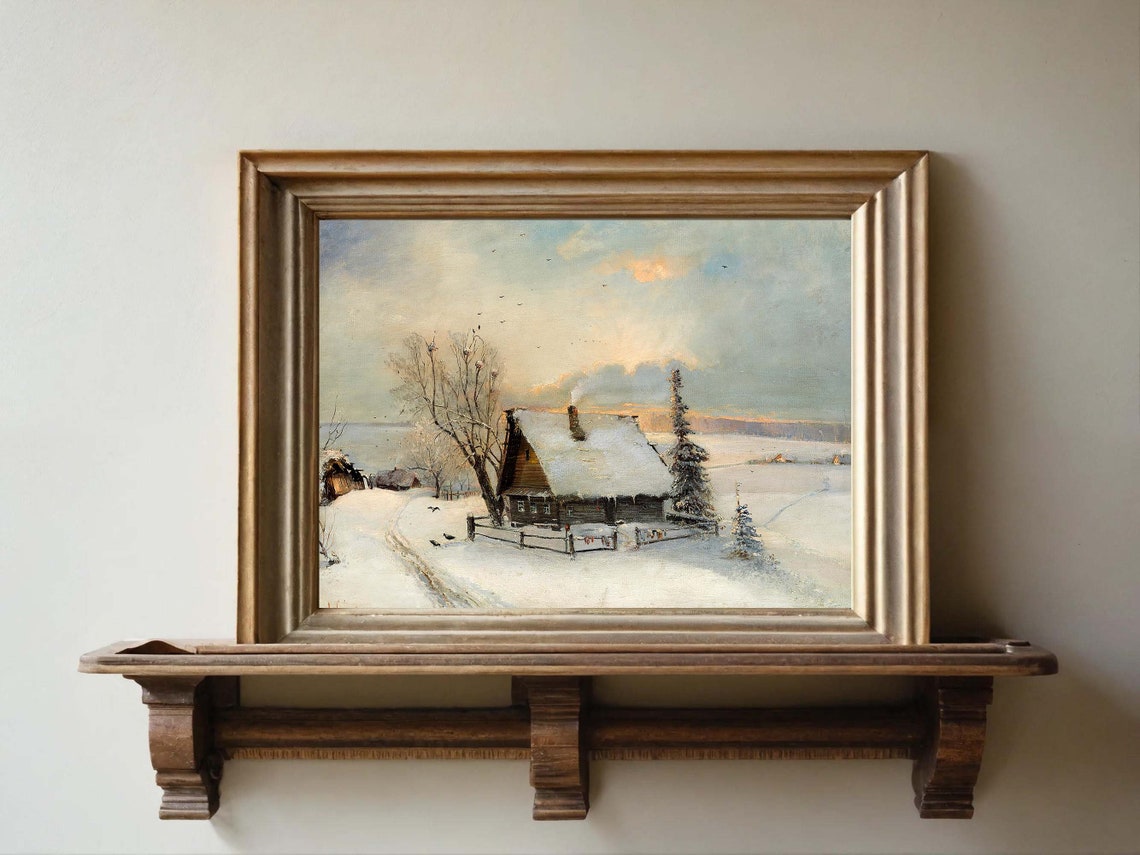 Snow Covered Cottage Winter Landscape Birds at Sunset Poster - Image 6