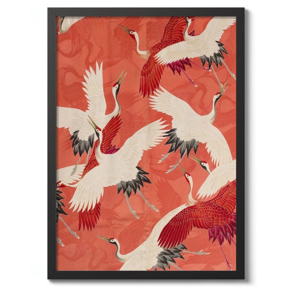 Cranes Japanese Print Poster Traditional Woodblock Wall Art Decor Bird Illustration Gift