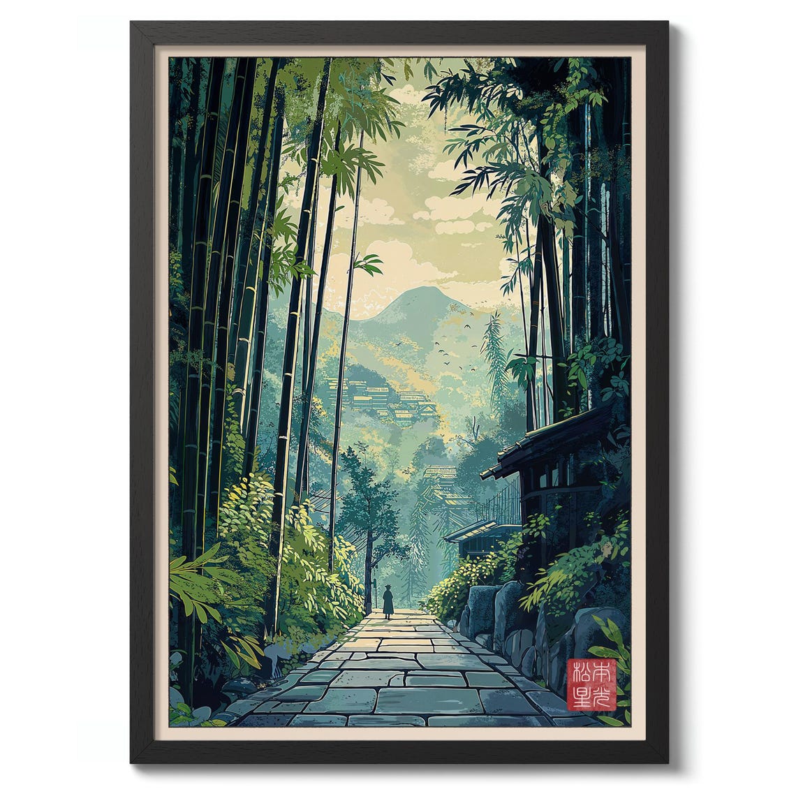 Kyoto Bamboo Grove Stone Path Japanese Woodblock Style Poster