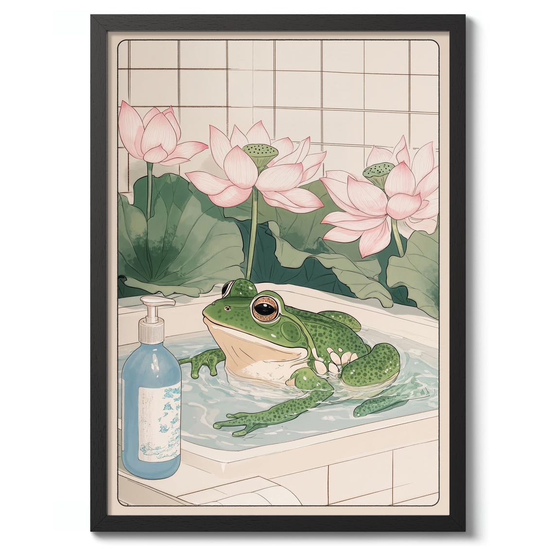 Green Frog Bathing Among Pink Lotus Blossoms Woodblock Poster