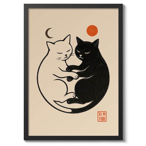 Yin Yang Black and White Cats Japanese Woodblock Style Print