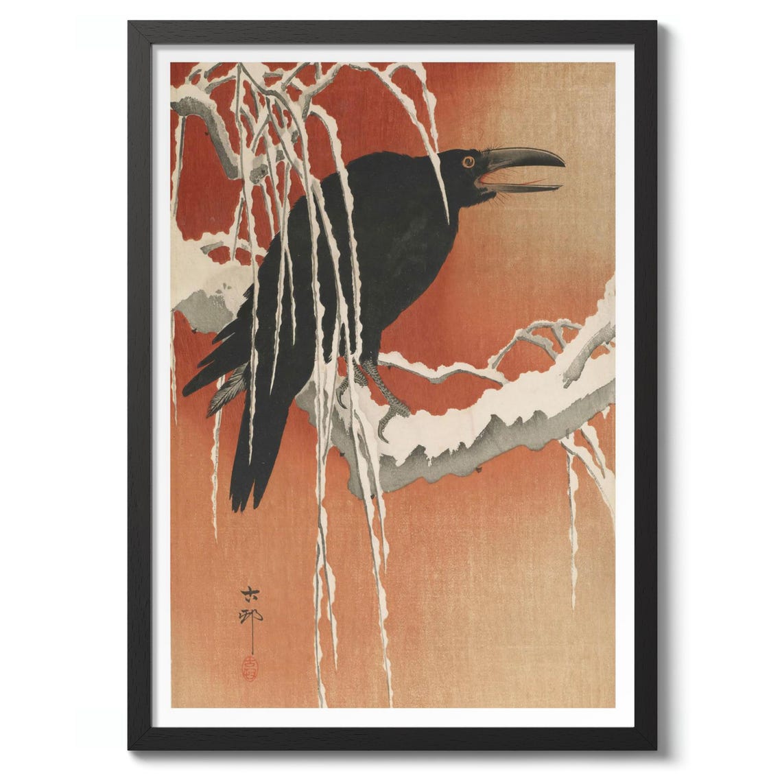 Crow on Snowy Branch at Sunset by Ohara Koson Woodblock Poster