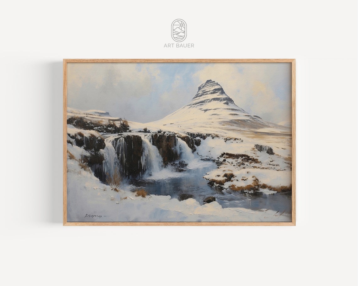 Iceland Kirkjufell Peak Winter Snow Waterfall Landscape Travel Poster