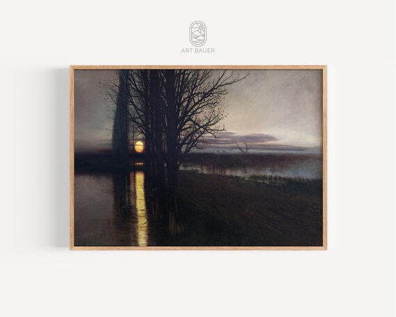 Moonrise Over River Bare Trees Misty Night Water Moonlight Art Poster