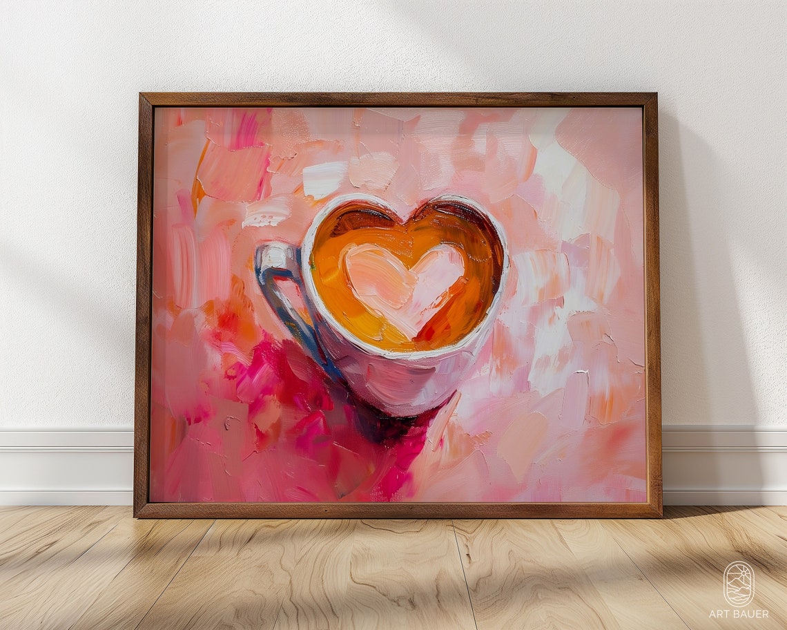 Pink Coffee Cup Heart Latte Art Soft Romantic Kitchen Wall Poster