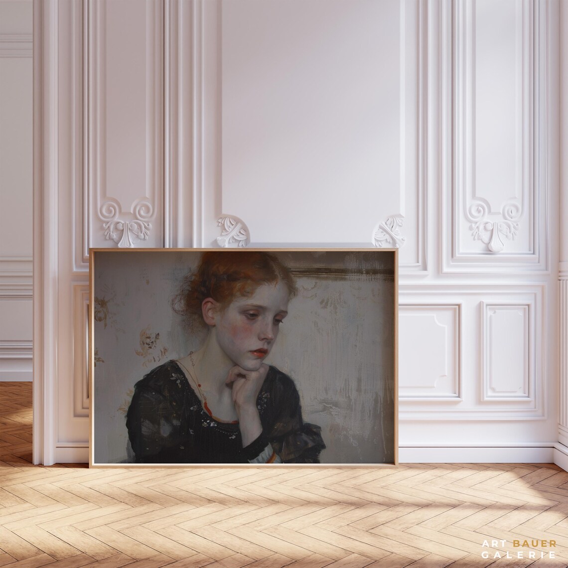 Sad Red Haired Woman Contemplative Blue Room Portrait Vintage Art Print - Image 3