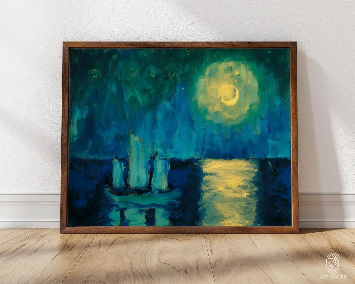 Nolde Moonlight Glowing Yellow Moon Blue Sea Boats Expressionist Print