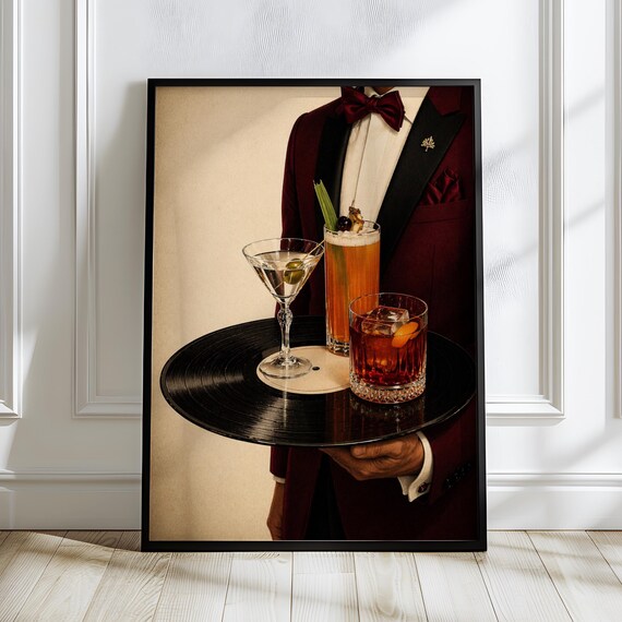 Vinyl Cocktail Tray Poster Burgundy Tuxedo Waiter Martini Trio Minimalist Speakeasy Bar Wall Art