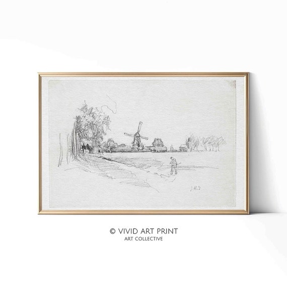 Vintage Dutch Windmill Sketch, Antique Decor Art Print