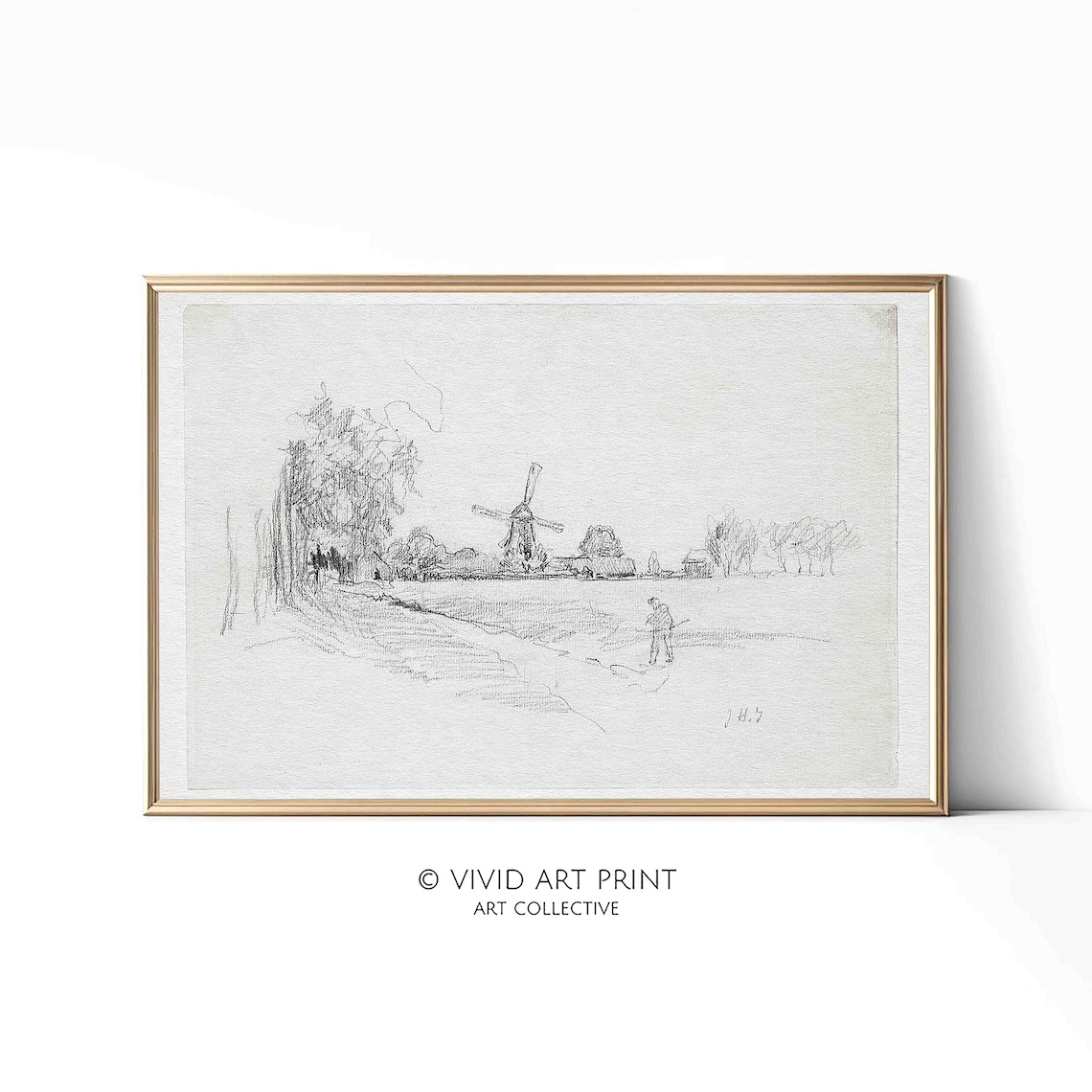 Vintage Dutch Windmill Sketch, Antique Decor Art Print