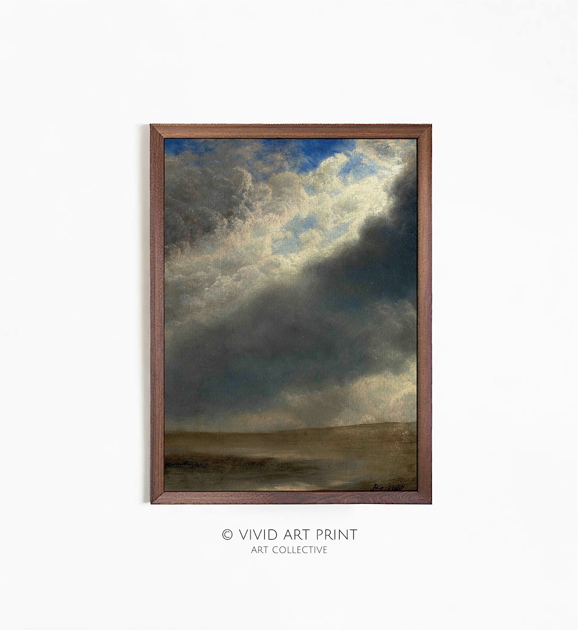 Vintage Landscape Painting, Clouds Over Horizon