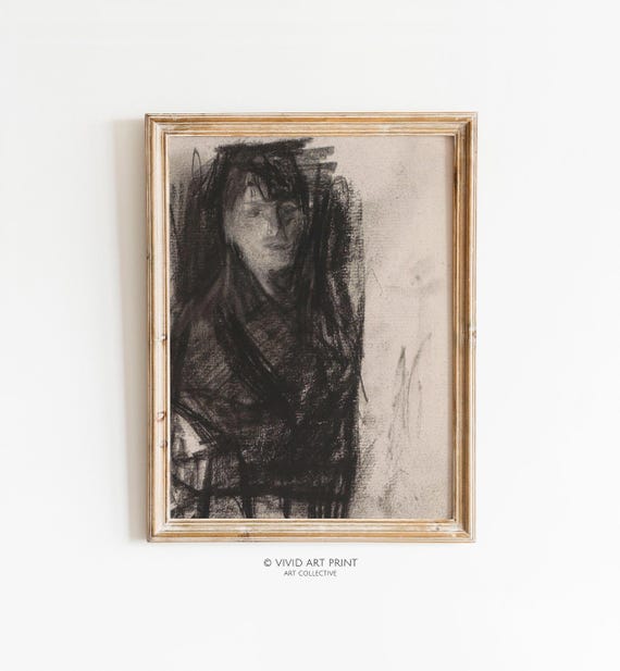 Vintage Abstract Figure Study, Moody Charcoal Drawing