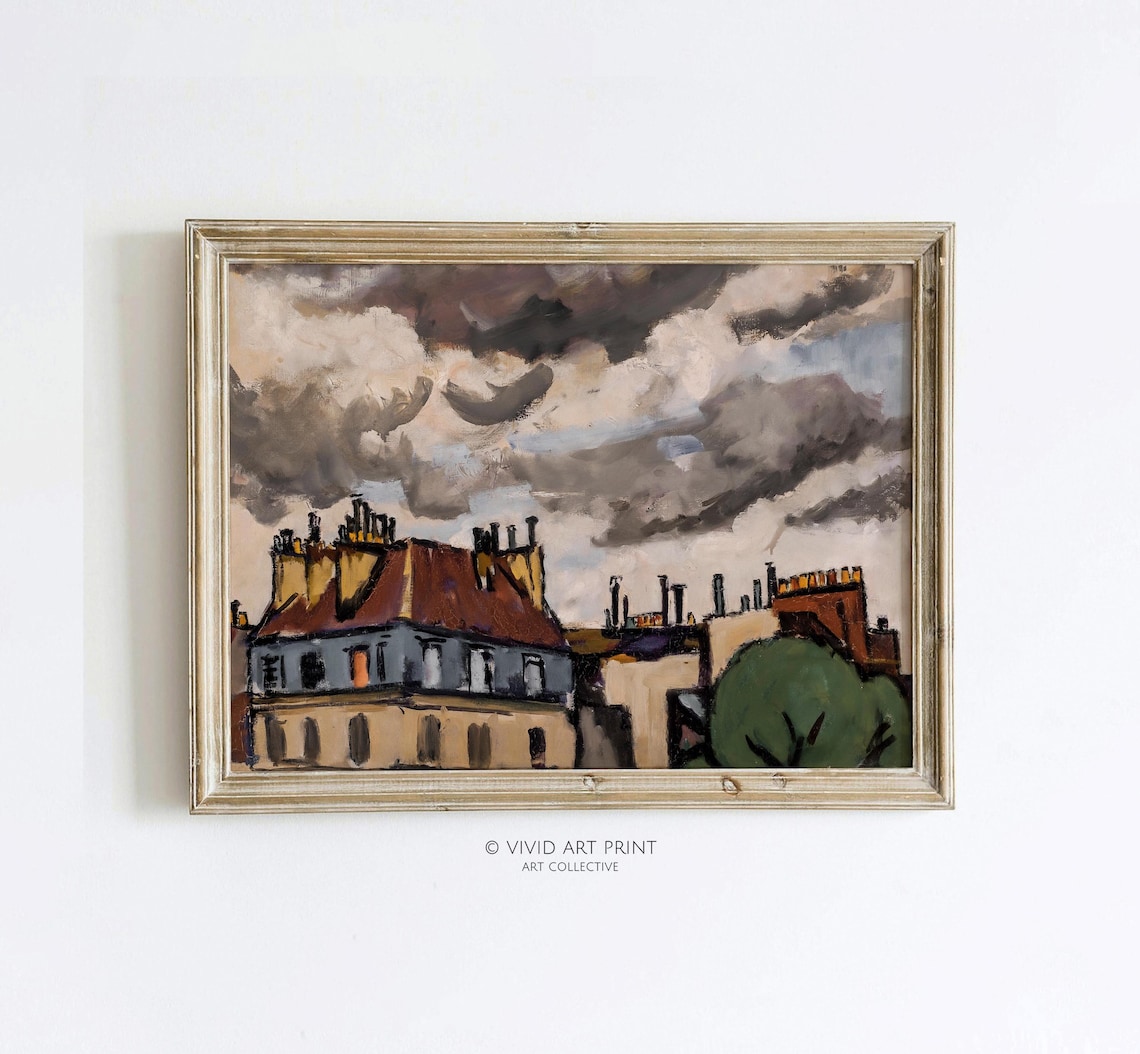 Moody Paris Rooftops and Clouds, Vintage Cityscape