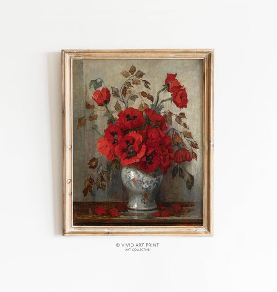 Poppy Bouquet Still Life Vintage Botanical Art Print
