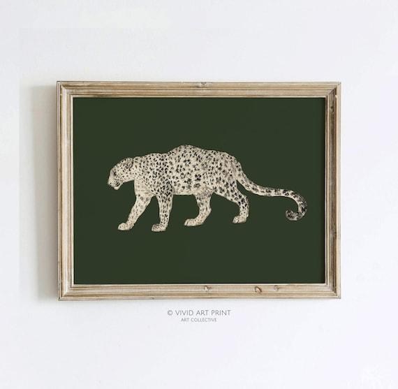 Walking Spotted Leopard on Deep Olive Green Vintage Wildlife Poster