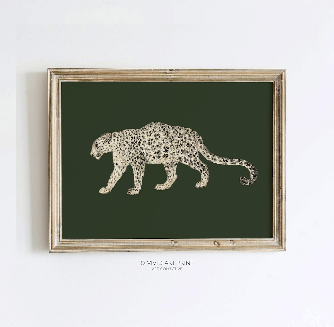 Walking Spotted Leopard on Deep Olive Green Vintage Wildlife Poster