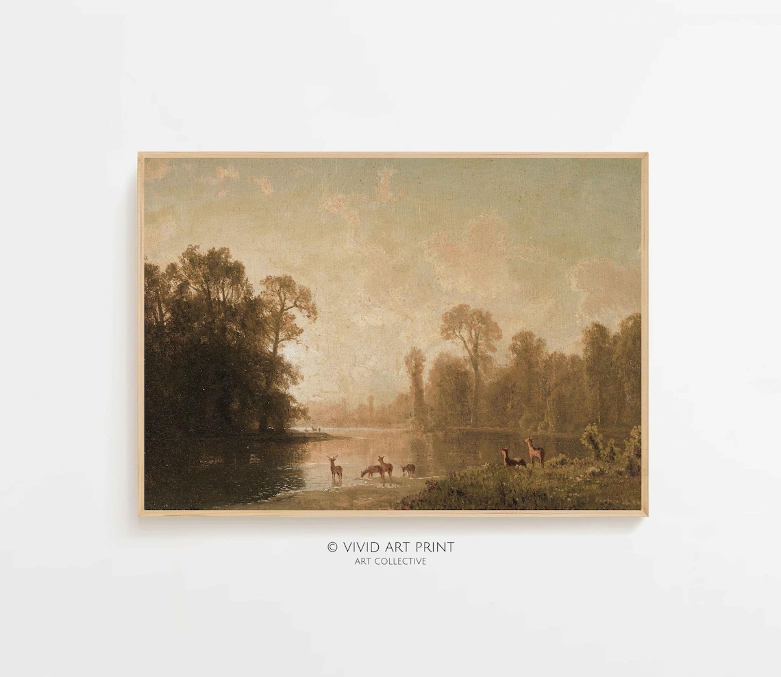 Deer in Tranquil Forest Clearing Antique Wildlife Nature Art Poster