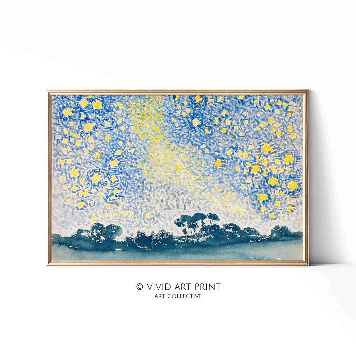 Starry Night Sky Pointillist Landscape Blue Yellow Art Poster