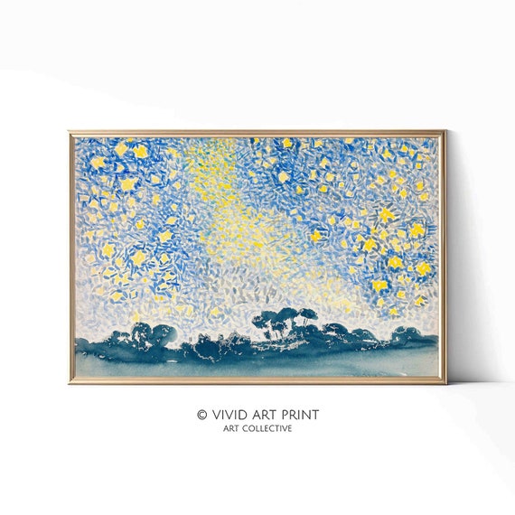 Landscape Pointillist Art Landscape With Stars Wall Art Decor Vivid Art Print Ls 112