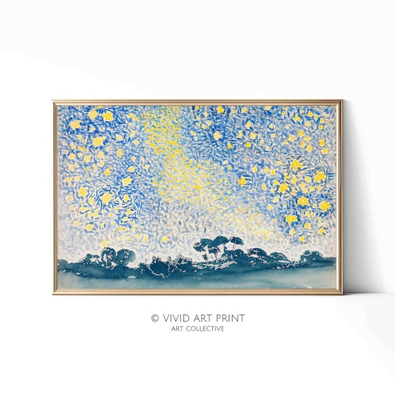 Starry Night Sky Pointillist Landscape Blue Yellow Art Poster