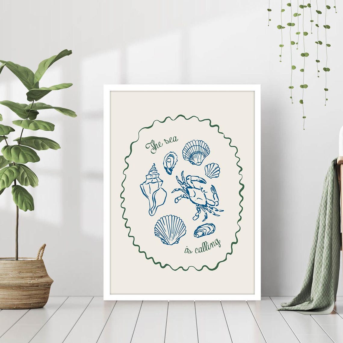 The Sea Is Calling Shells and Crab Line Art Coastal Canvas Poster - Image 2