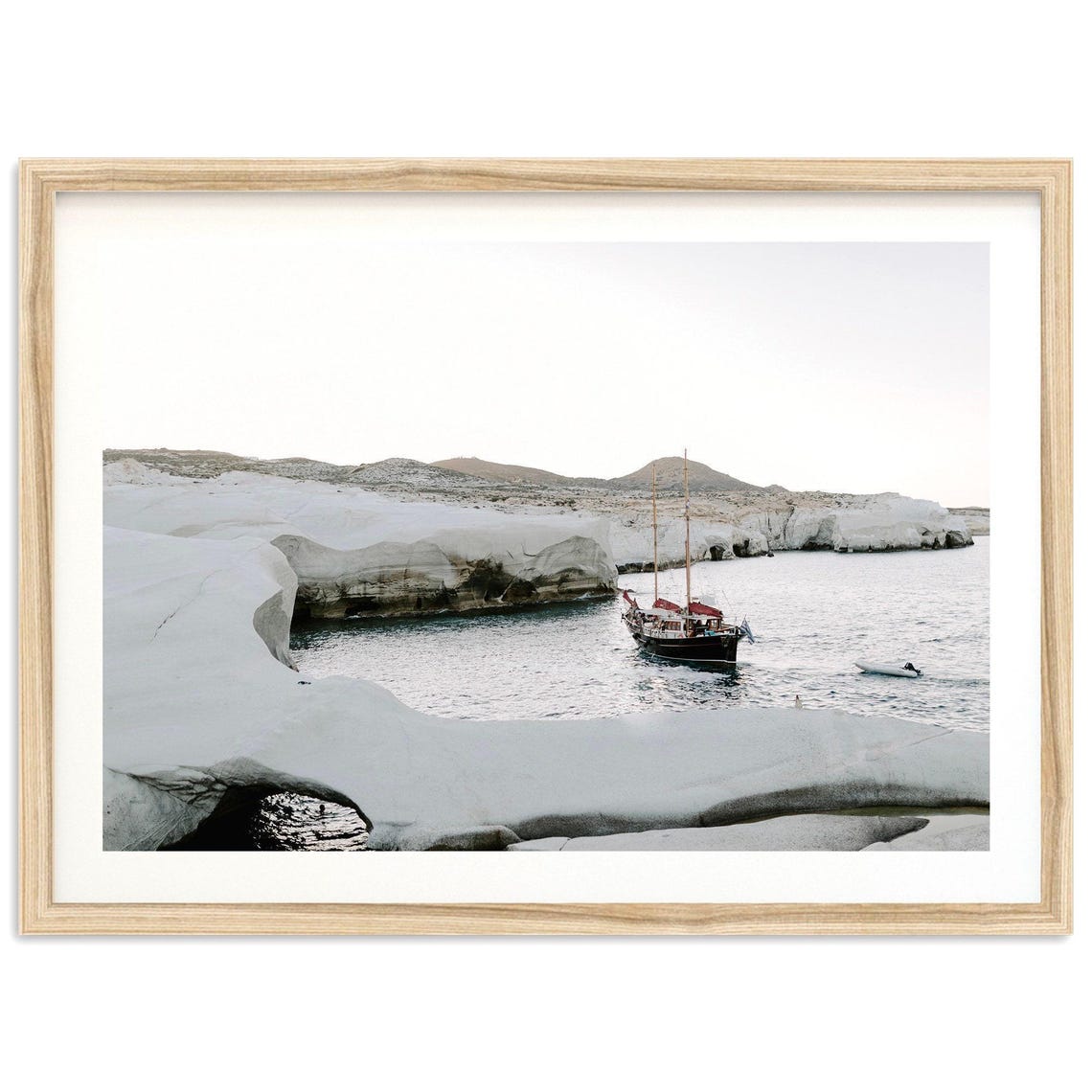 Minimalist White Coastal Cliffs Sailboat Greece Photo Poster