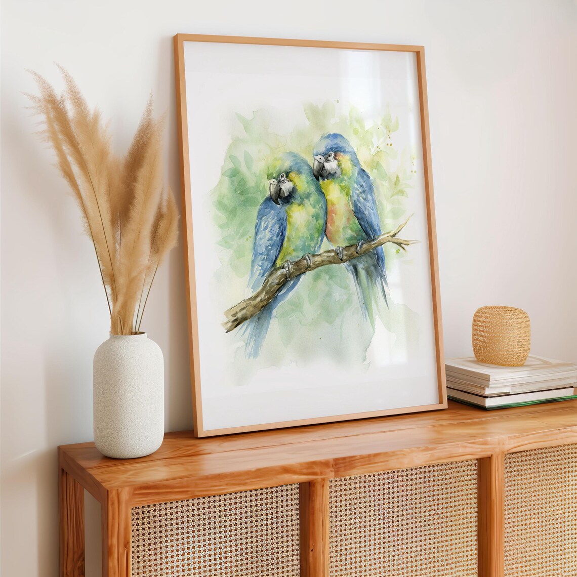 Pair of Blue Green Macaw Parrots Watercolour Bird Art Poster