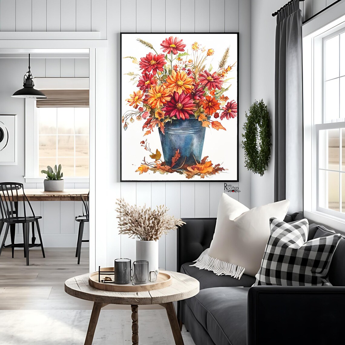 Watercolor Fall Flowers in a Blue Bucket Bouquet Painting Poster - Image 3