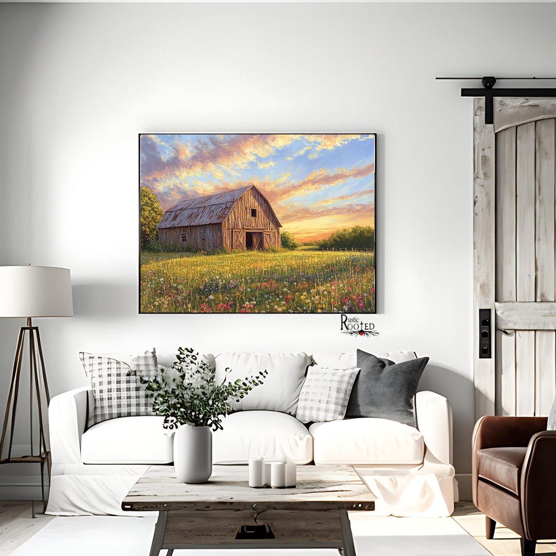 Weathered Barn at Sunset in a Wildflower Field Landscape Poster - Image 4