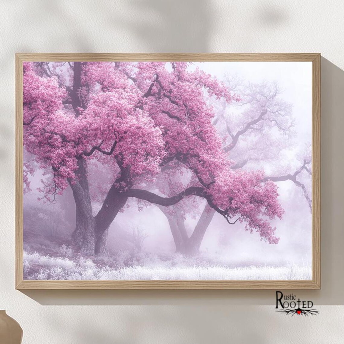 Pink Flowering Trees in Soft Foggy Spring Landscape Scene Poster