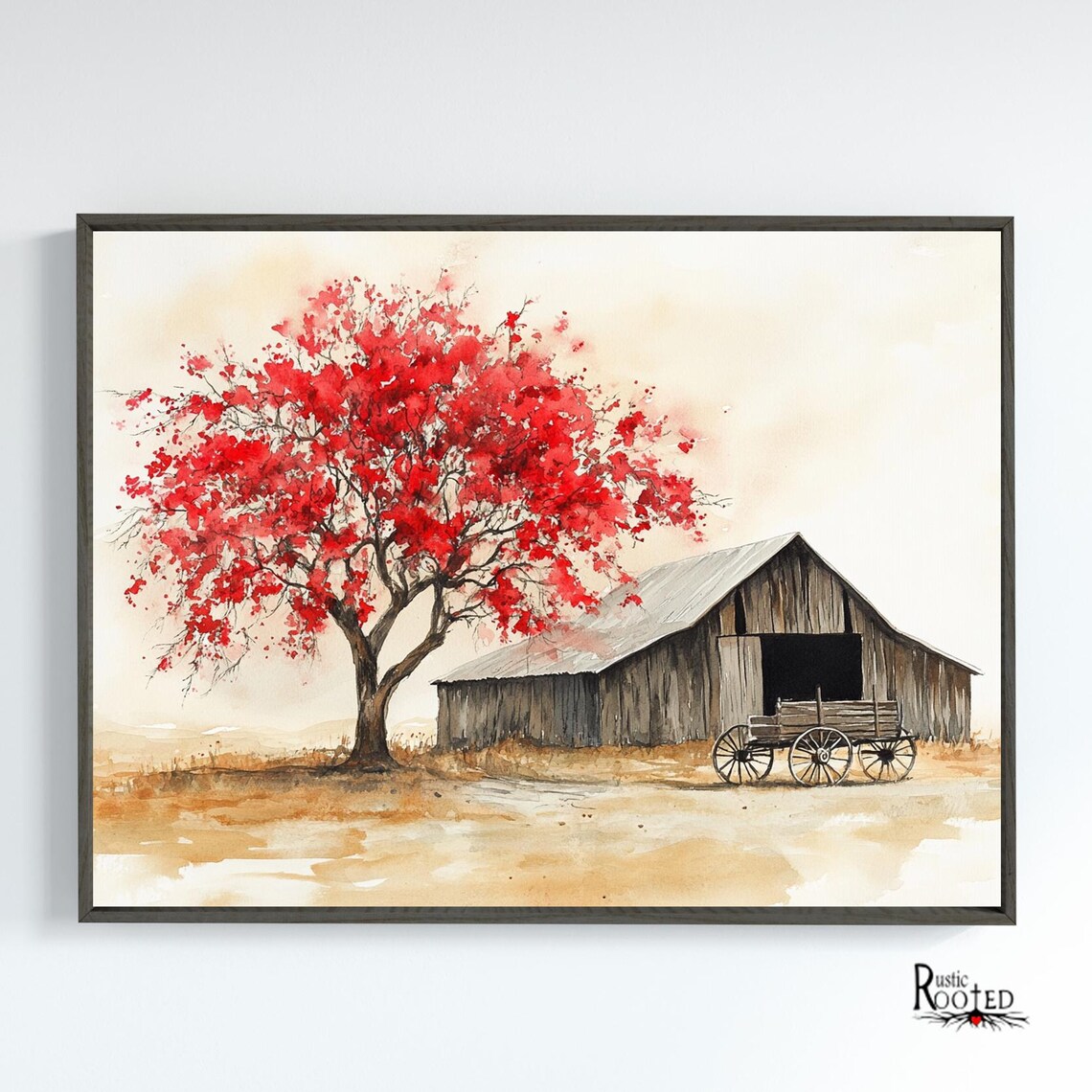 Red Flowering Tree by Old Barn Watercolor Country Scene Poster