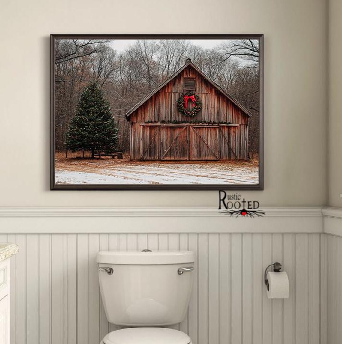 Rustic Wooden Barn Decorated for Christmas in the Snow Poster - Image 3
