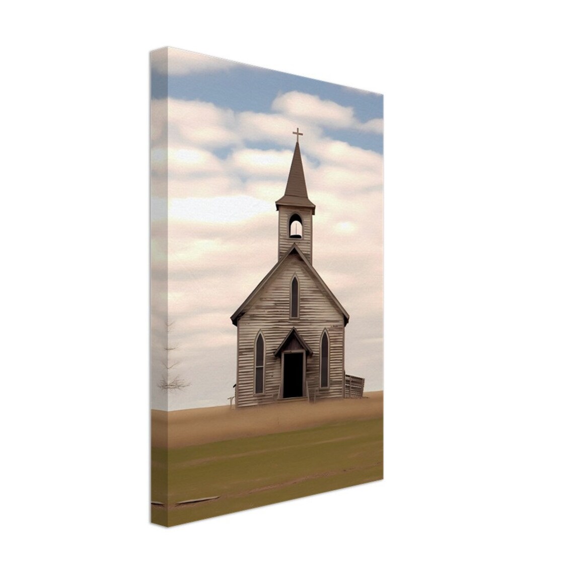 Wooden Country Church with Tall Steeple in an Open Field Poster - Image 2