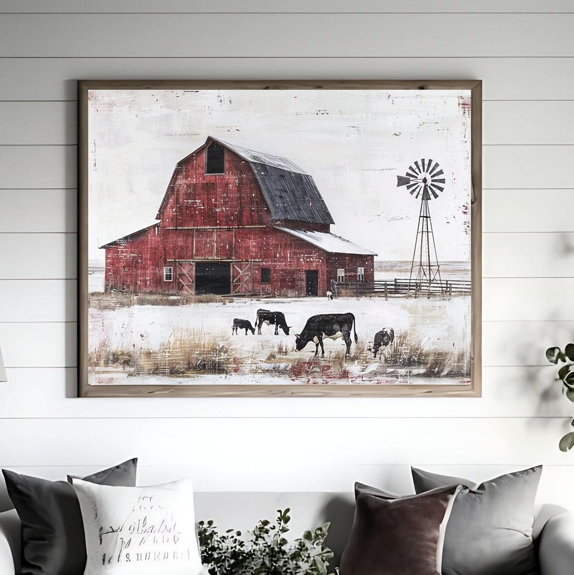 Vintage Red Barn with Windmill and Grazing Cows in Snow Poster