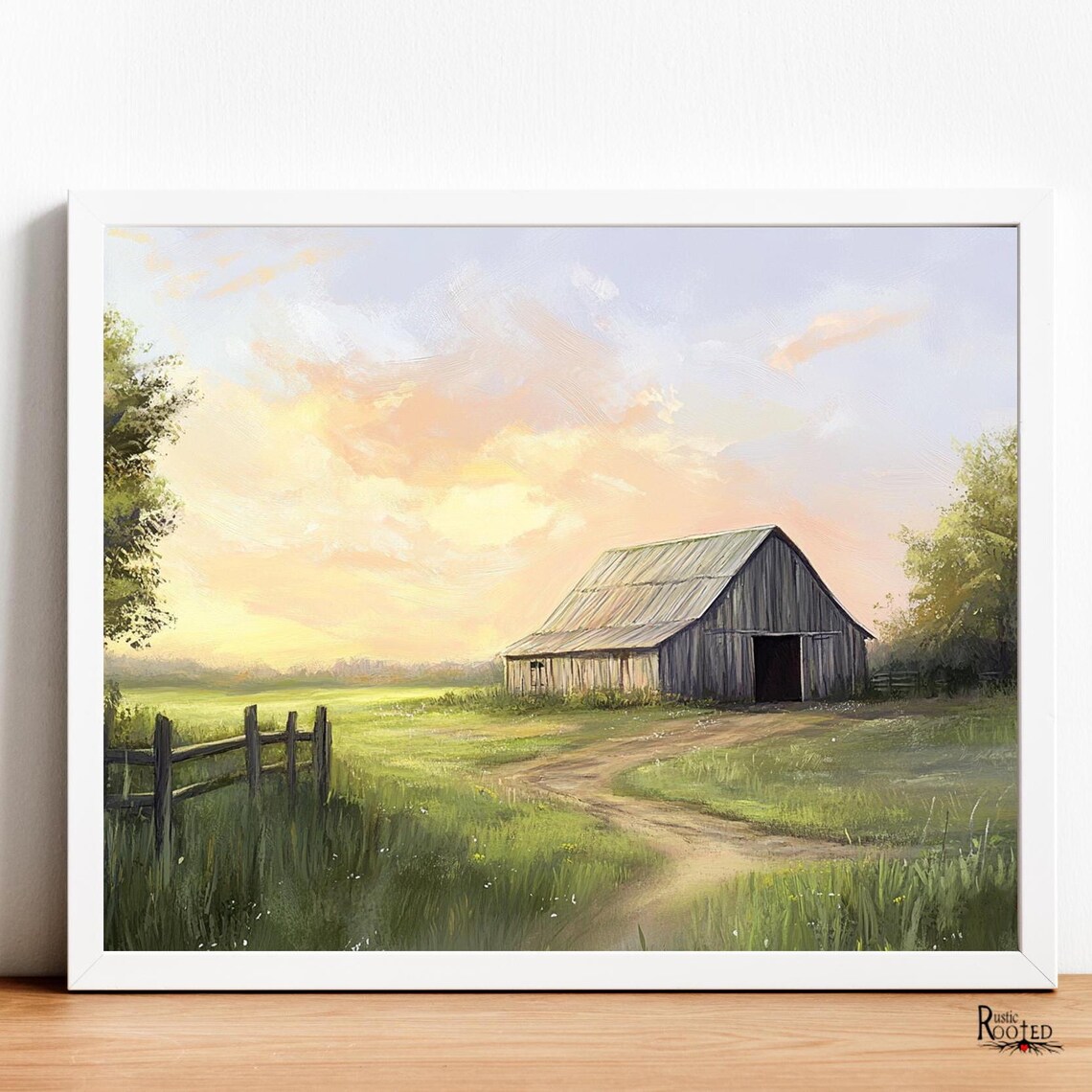 Weathered Old Barn at Sunrise Countryside Farm Landscape Poster - Image 2