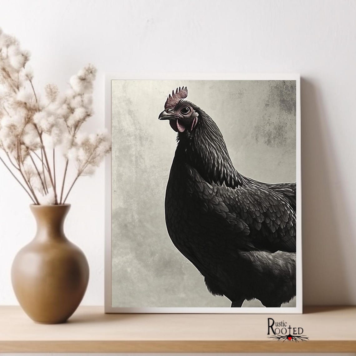 Black Chicken Portrait Painting in Moody Neutral Tones Poster - Image 3