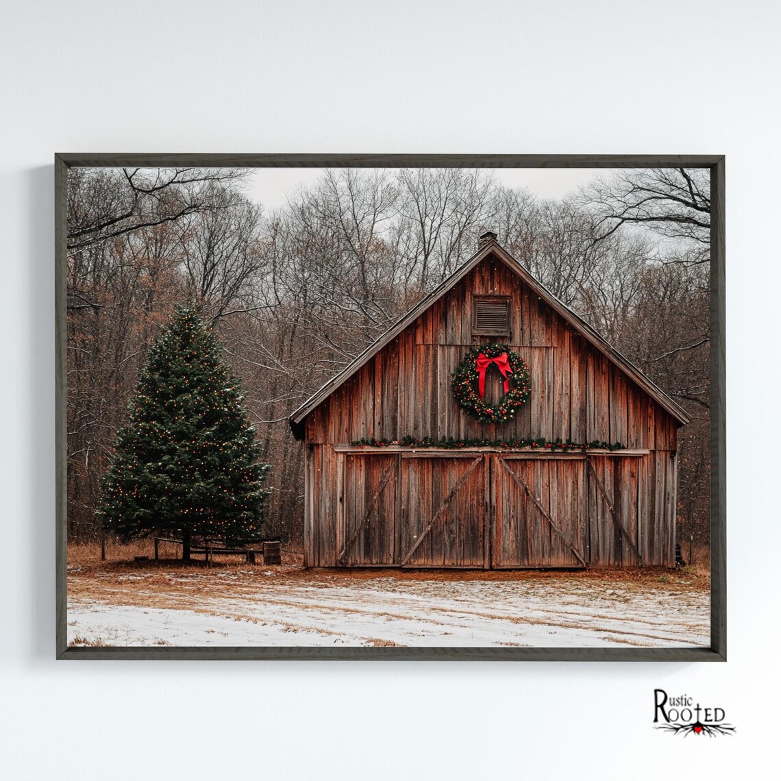 Rustic Wooden Barn Decorated for Christmas in the Snow Poster - Image 4