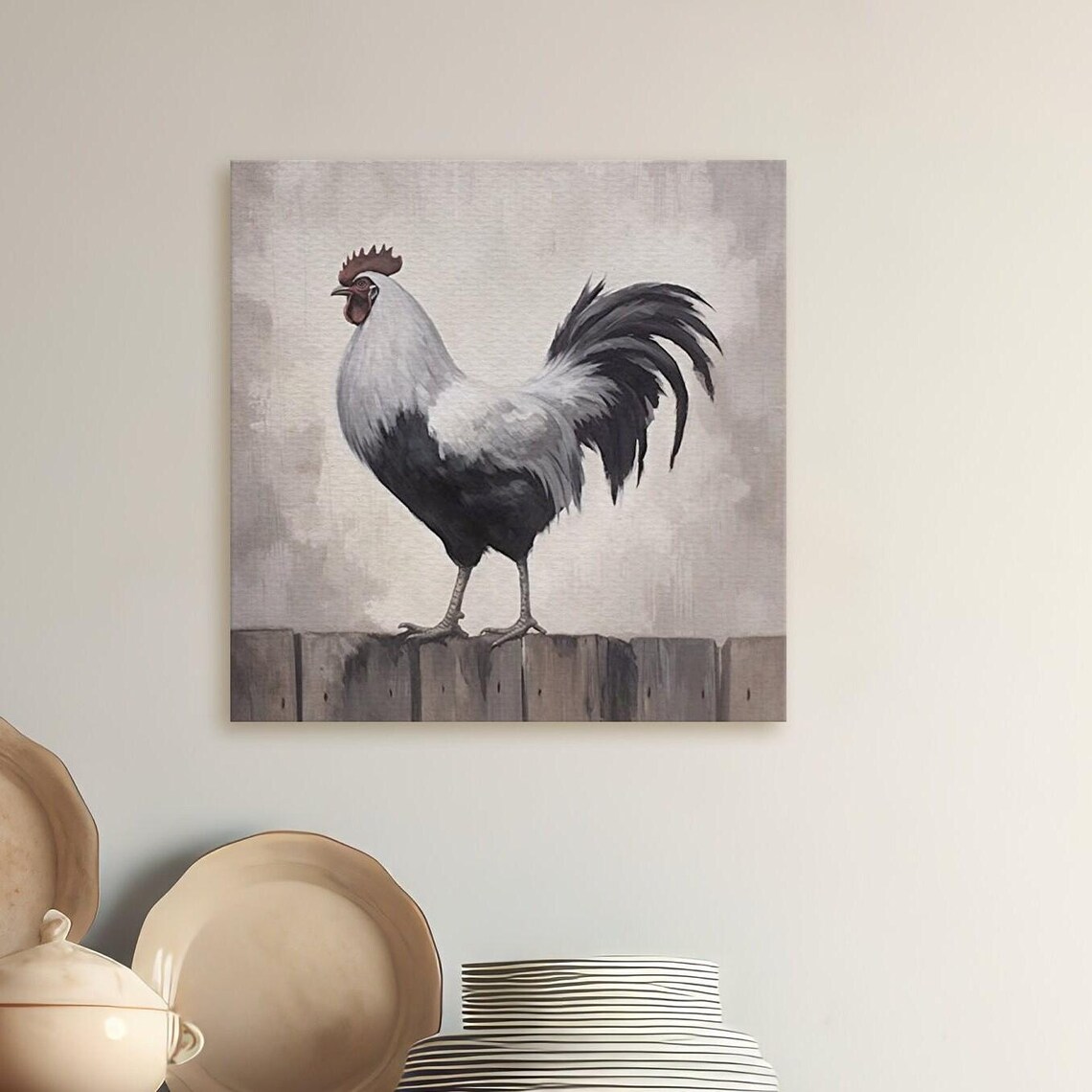 White and Black Rooster Standing on a Rustic Wooden Fence Poster