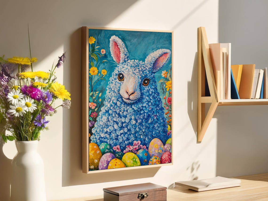 Blue Woolly Easter Lamb Painted Eggs Floral Teal Background Art Print - Image 4