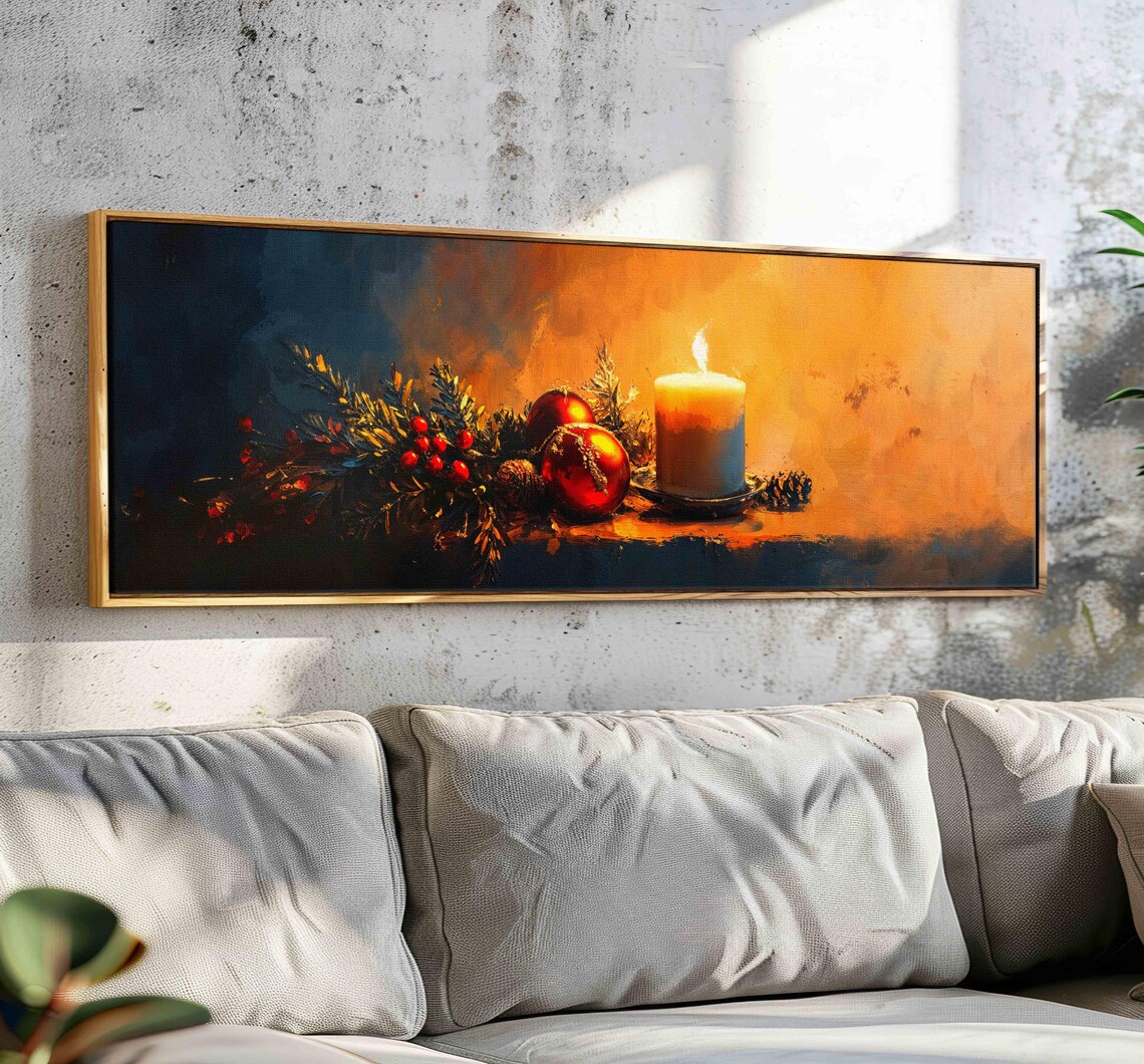 Christmas Candle With Red Ornaments Pine Still Life Moody Wall Art