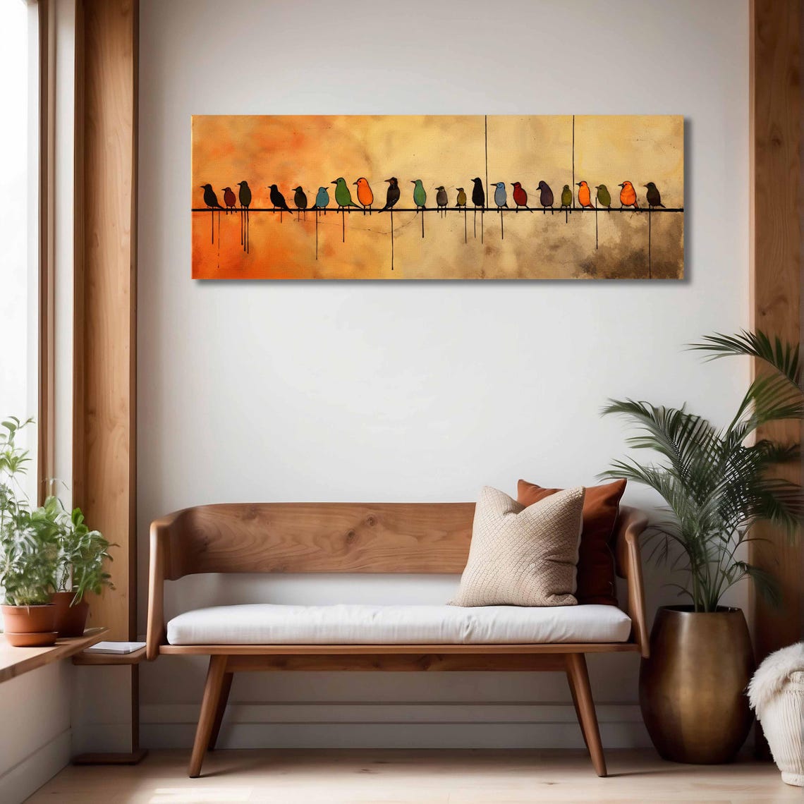 Birds Silhouettes Wire Orange Sunset Gradient Folk Art Poster - Image 4