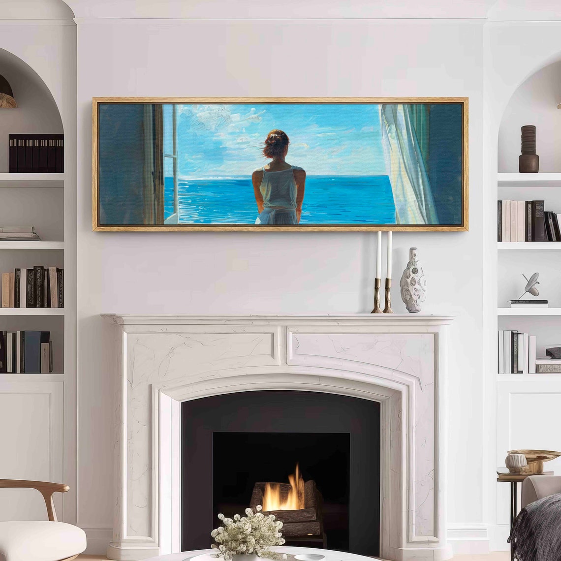 Woman Gazing at Blue Ocean From Open Window Serene Coastal Wall Art - Image 3