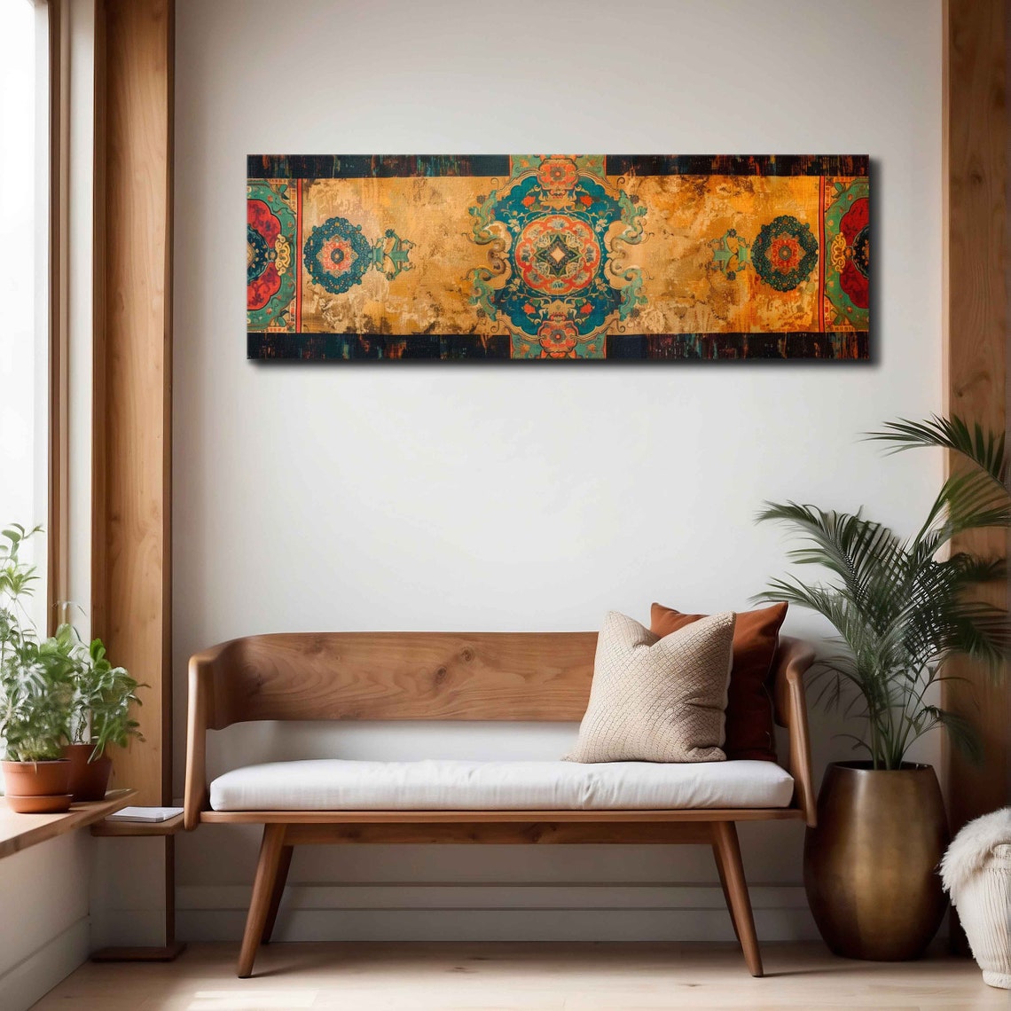 Beige Gold Vintage Tapestry Teal Medallions Worn Textile Wall Art - Image 4