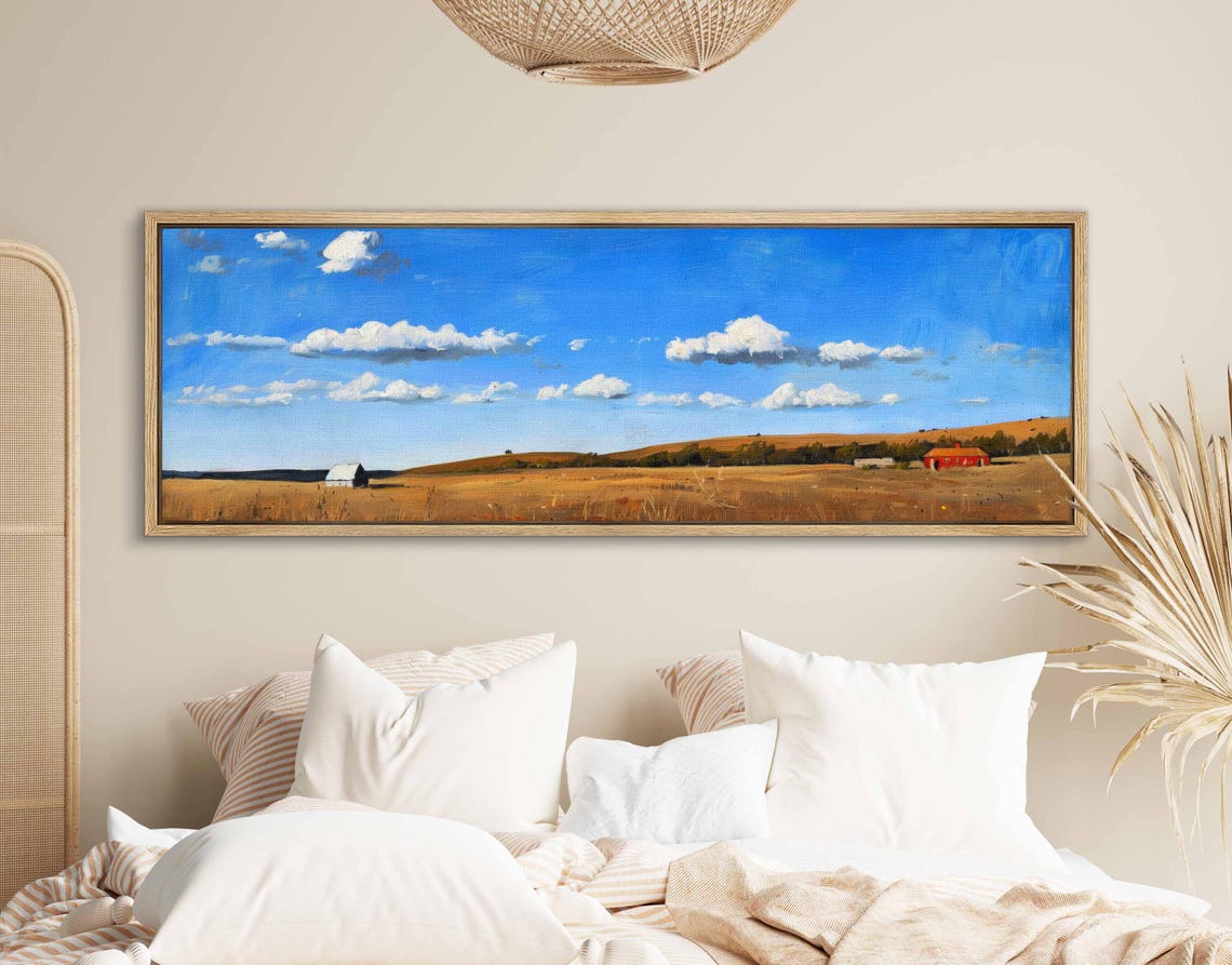 Golden Wheat Field Red Barn White Farmhouse Blue Sky Landscape Print - Image 2