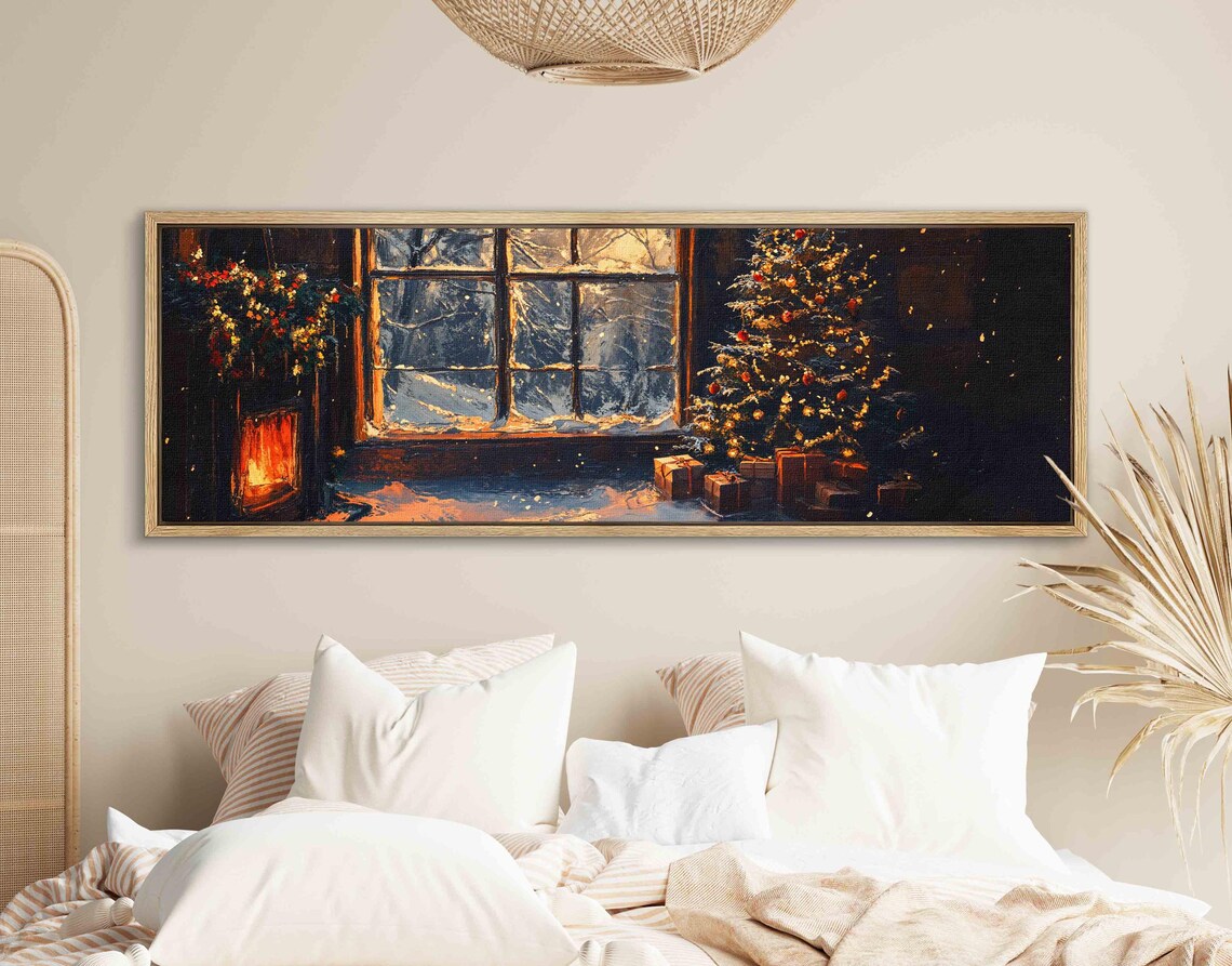 Cozy Christmas Night Lit Tree Fireplace Snowy Window Painting Wall Art - Image 2