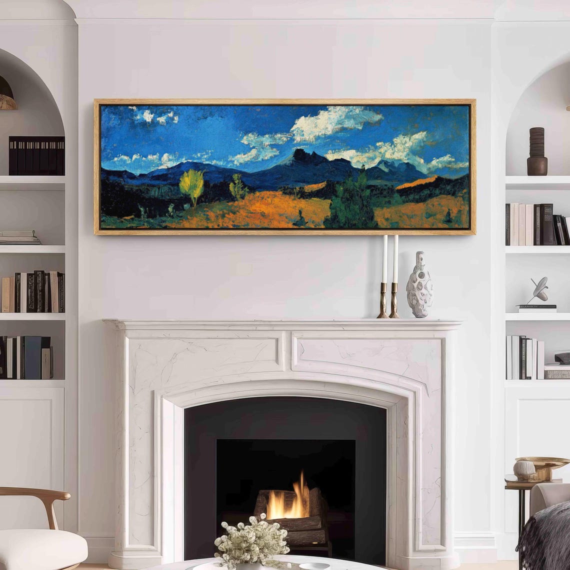 Golden Autumn Field Dark Mountains Dramatic Blue Sky Landscape Print - Image 3